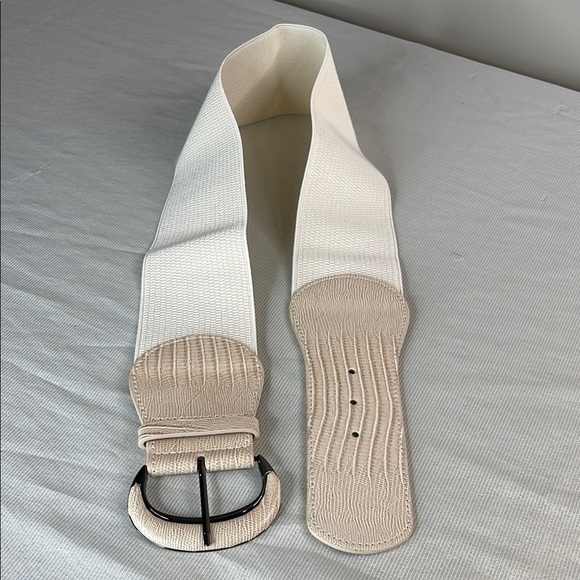 Vintage Vibe Wide Stretchy Snakeprint Cream Tan Belt Pewter Look L - Picture 3 of 8